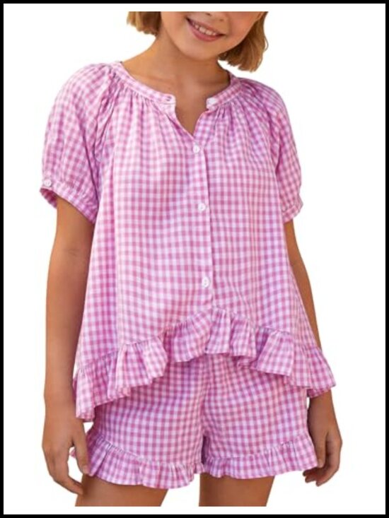 Other - Girls Cotton Gingham 2 Piece Set Puff Sleeve Top Ruffle Shorts